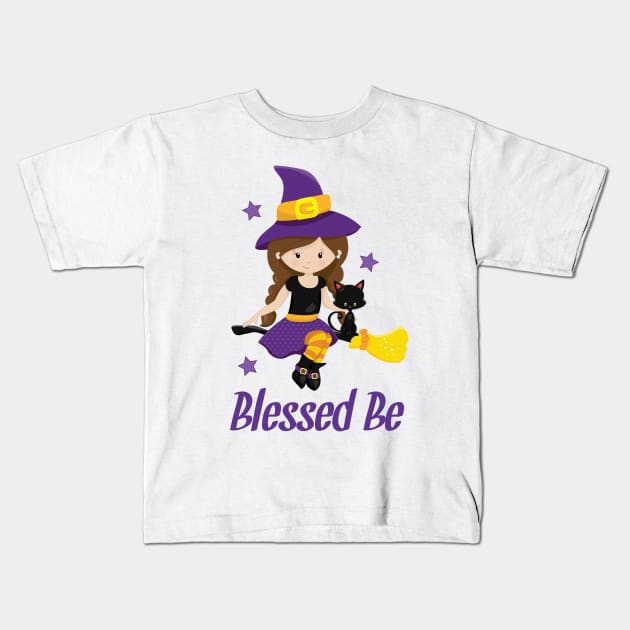 Wicca Witch Design Blessed Be Pagan Gift Shirt Mug Decor Halloween Witch on a Broomstick Design Kids T-Shirt by InnerMagic